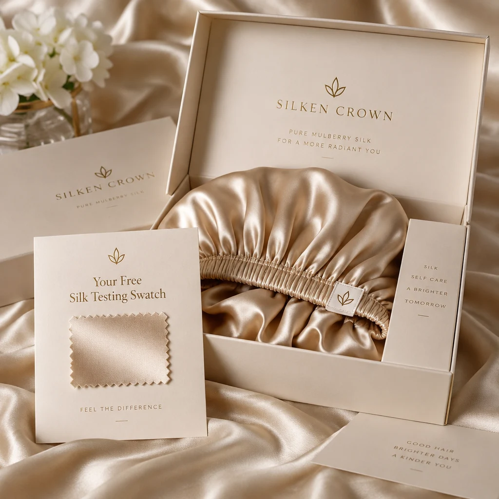 Gift box with a bonnet and complimentary silk testing swatch